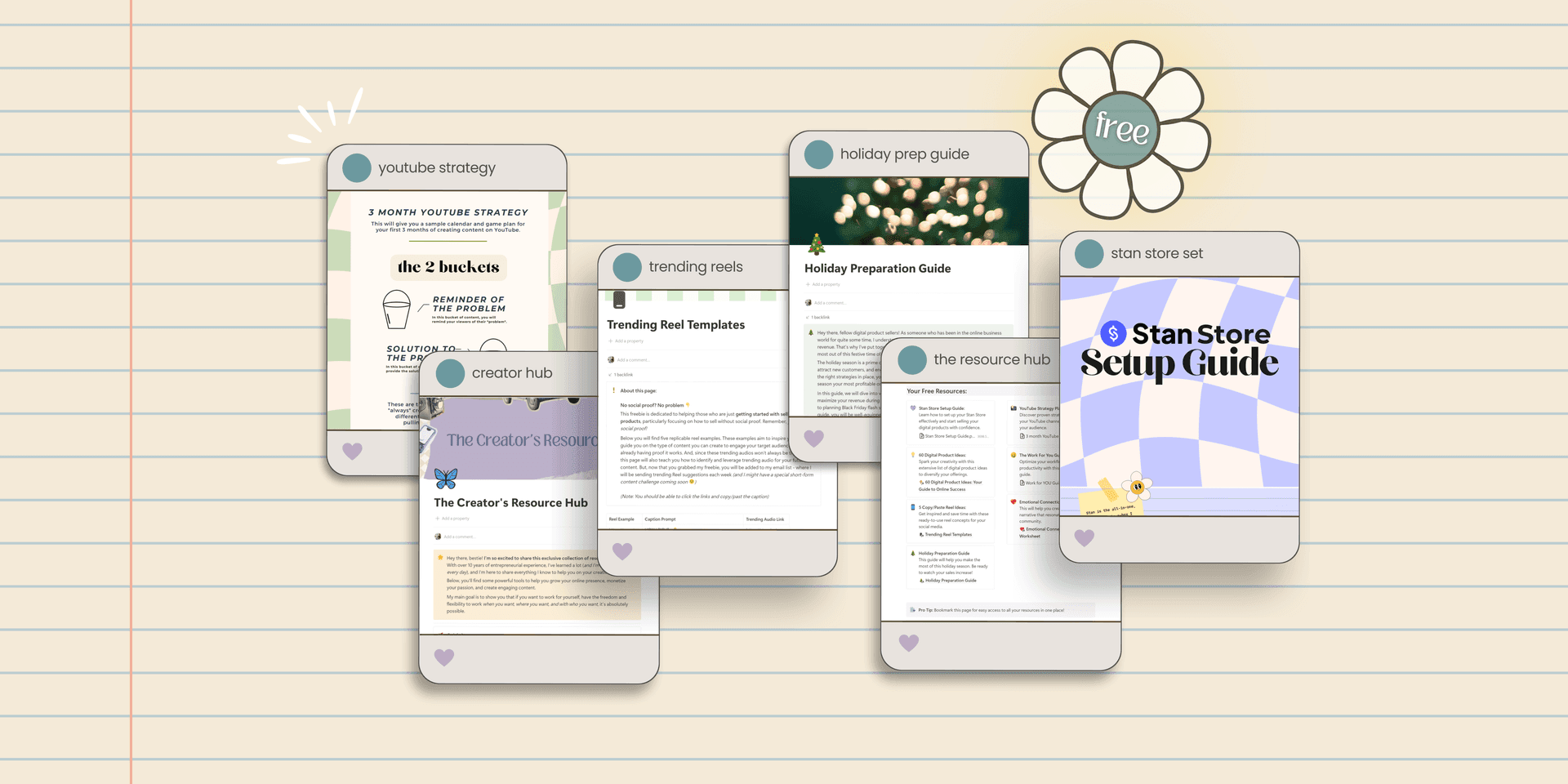 Collection of digital resource guides on lined paper background with a flower labeled 'free'.